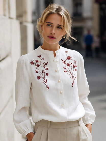 Embroidered Linen Button-Up Blouse