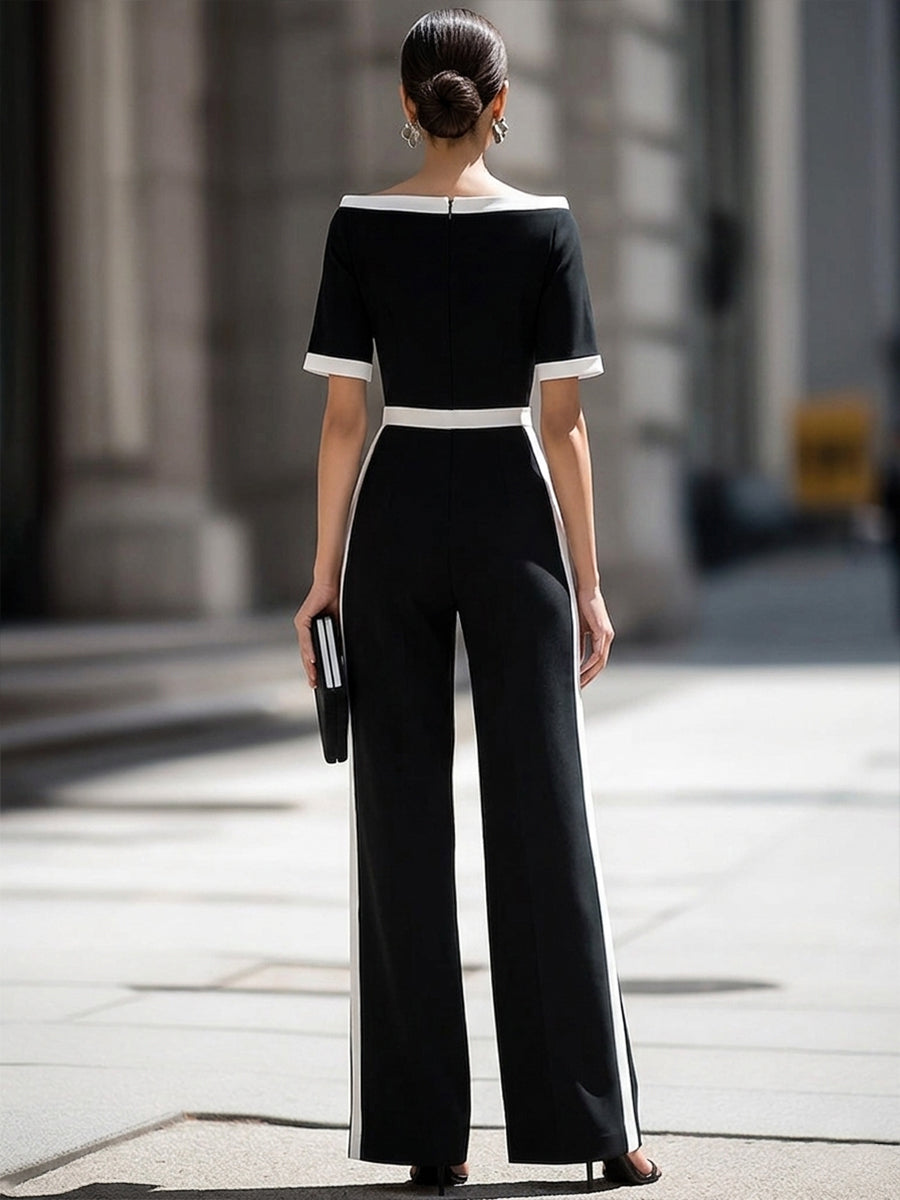 Off-Shoulder Contrast Trim Tailored Wide-Leg Jumpsuit