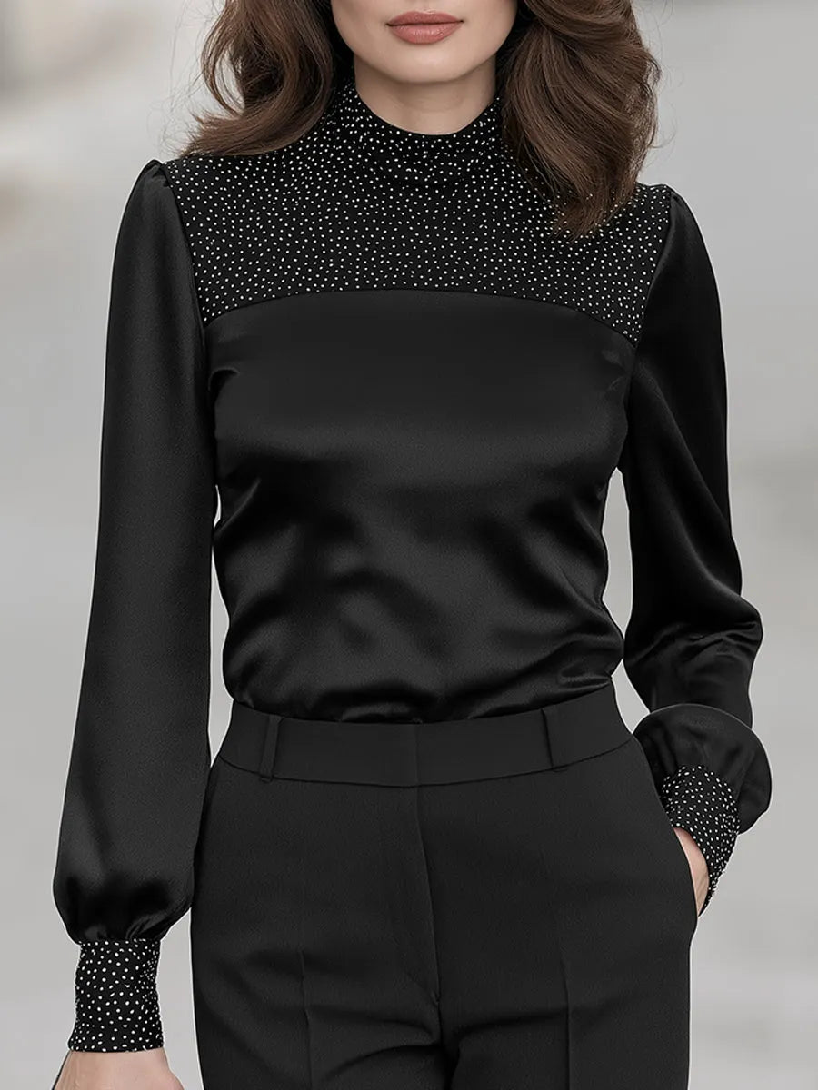 Embellished Yoke Satin Long Sleeve Blouse