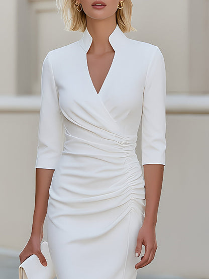 Stand Collar V-Neck 3/4 Sleeve Side Ruched Wrap Midi Dress