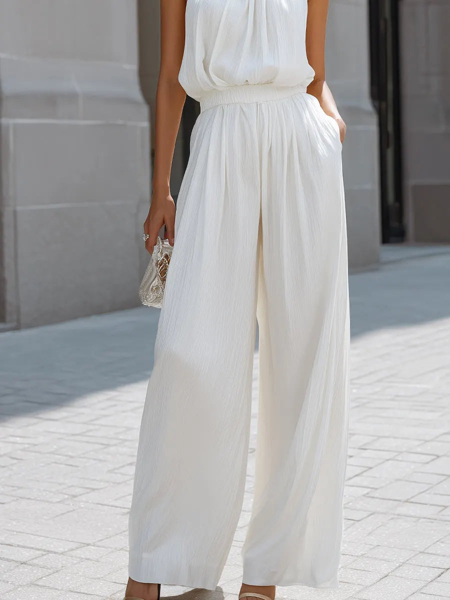 Flowing Halter Neck Layered Top And Wide-Leg Trousers Set