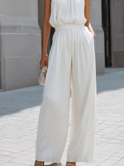 Flowing Halter Neck Layered Top And Wide-Leg Trousers Set
