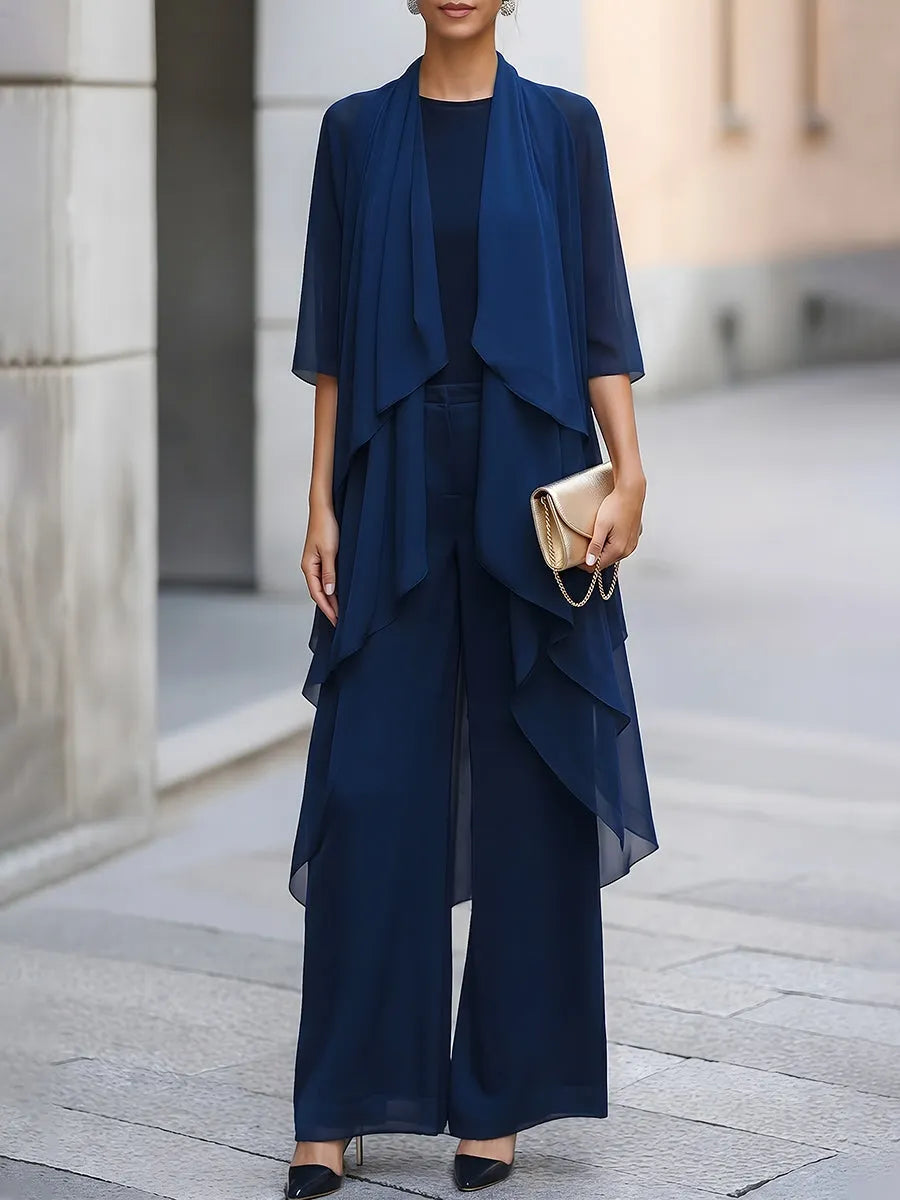 Layered Chiffon Overlay Top And Wide-Leg Trousers Two-Piece Set