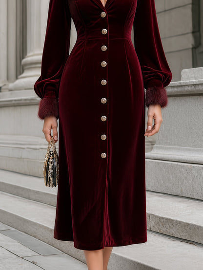Velvet Fur-Collar Puff-Sleeve Slim Midi Dress