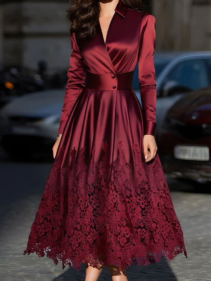 Burgundy Satin Belted Midi Dress With Lace Hem