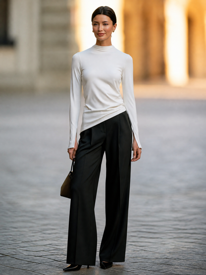 Asymmetric Mock-Neck Long-Sleeve Top