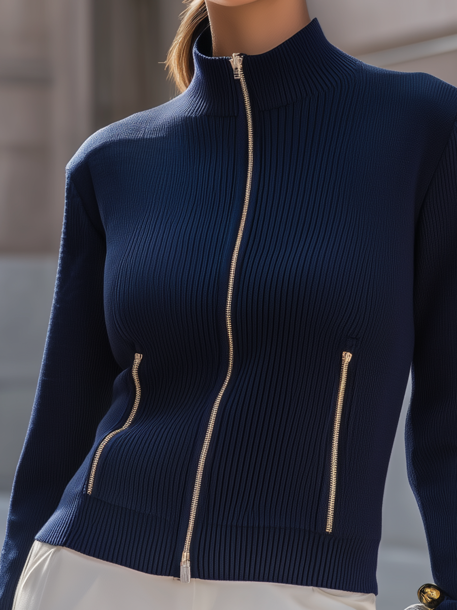 Zip-Front Ribbed Knit Jacket Top