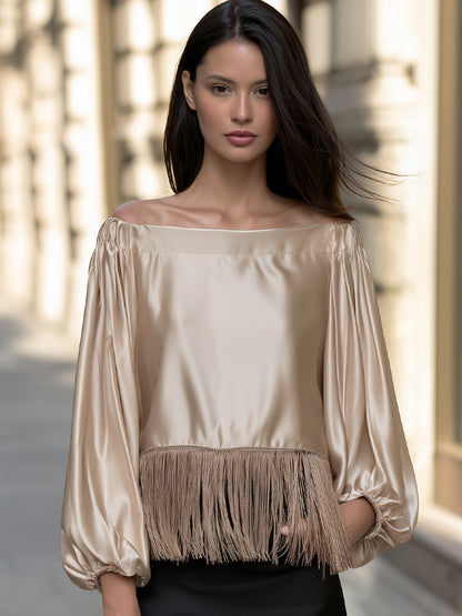Satin Fringe Detail Puff Sleeves Off-Shoulder Blouse