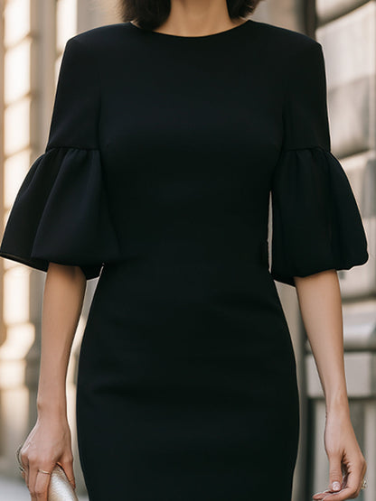 Black Puff Sleeve Sheath Dress Elegant Minimal Office Midi Dress
