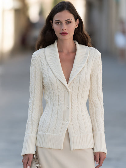 Cable Knit Shawl Collar Button Front Cardigan