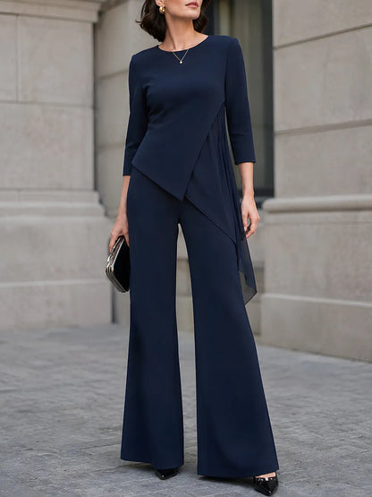 Elegant Navy Asymmetric Layered Wide-Leg Two-Piece Set