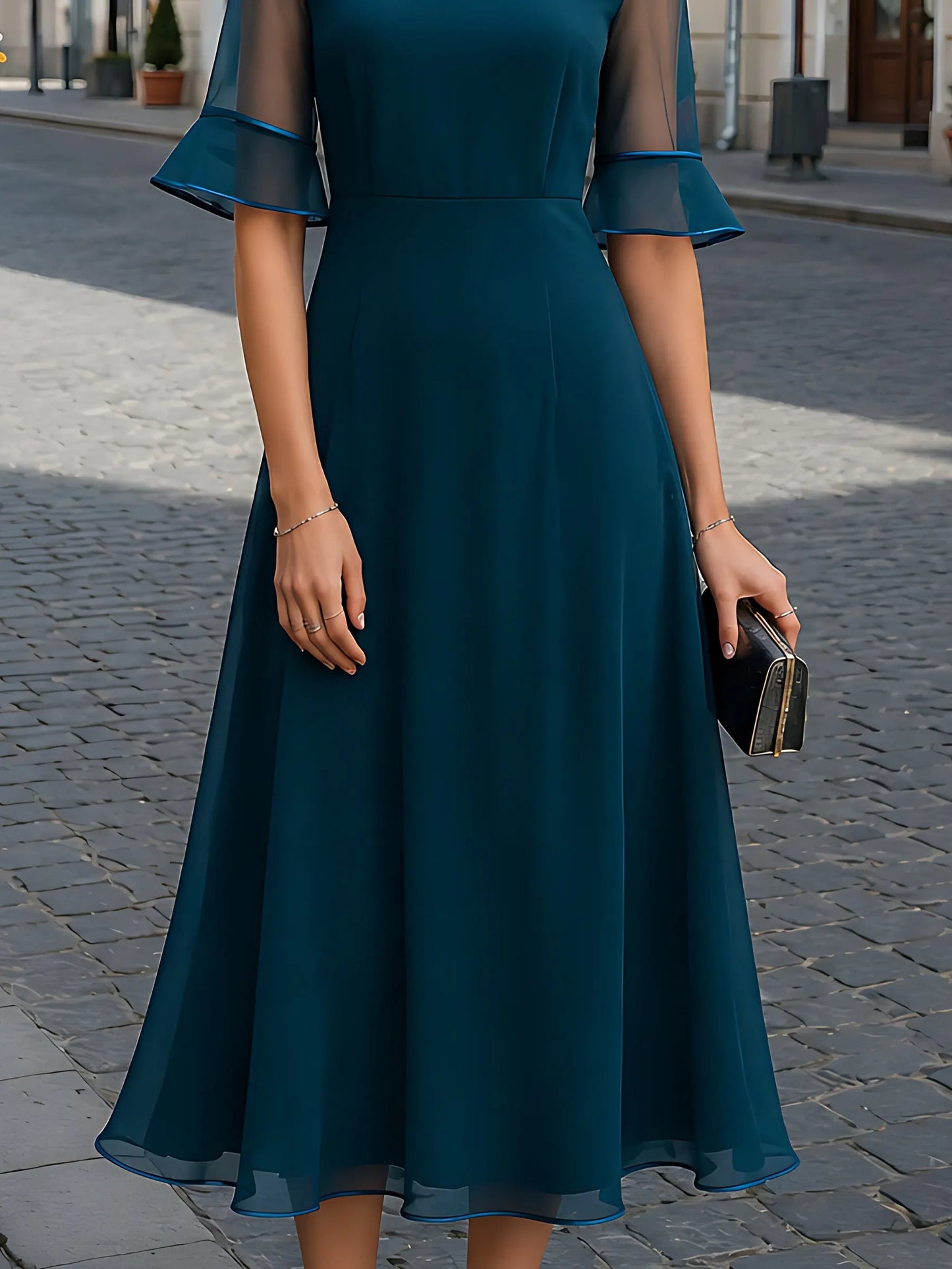 Sheer-Sleeve Chiffon A-Line Midi Dress