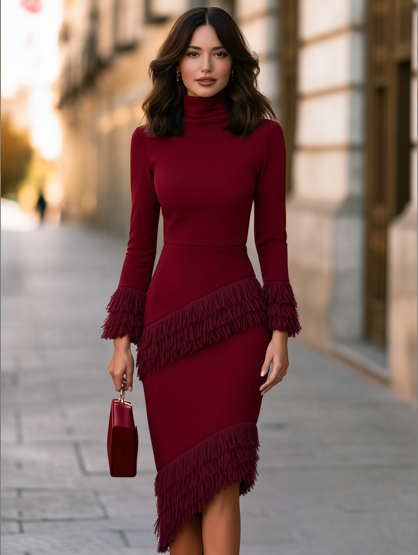 Women's Turtleneck Long Sleeve Fringe Tassel Bodycon Midi Dress