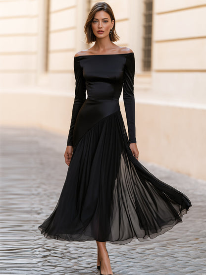 Off Shoulder Long Sleeve Satin Chiffon Maxi Dress