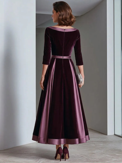 Satin Trim Bateau Neck Velvet A-Line Midi Dress