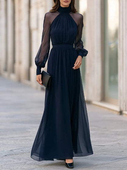 Elegant High Neck Sheer Sleeve Pleated Maxi Dress Draped Silhouette