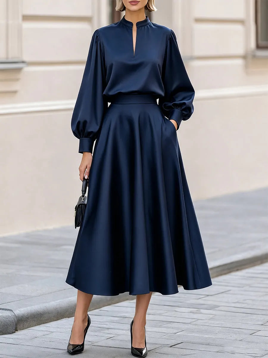 Stand Collar Keyhole Top & High Waist Midi Skirt Two-Piece Co-Ord Set