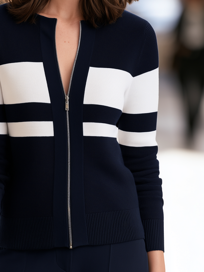 Zip-Front Contrast Stripe Knit Cardigan