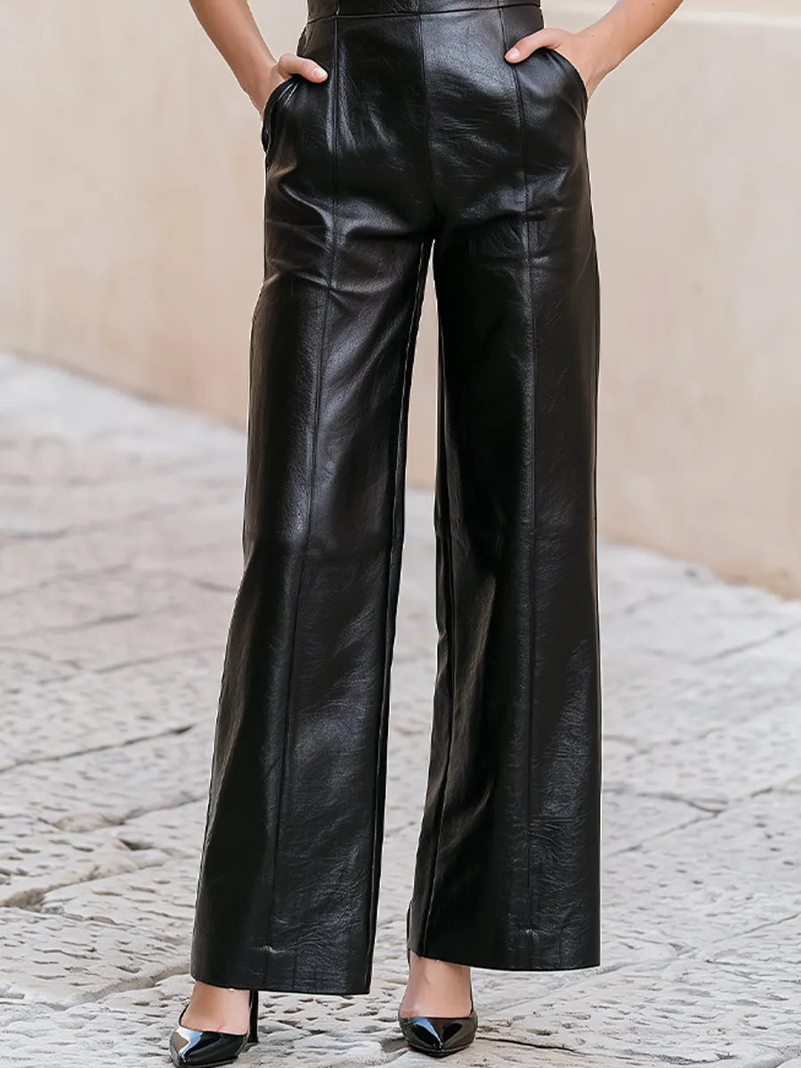Faux Leather Square Neck Wide Strap Wide Leg Jumpsuit