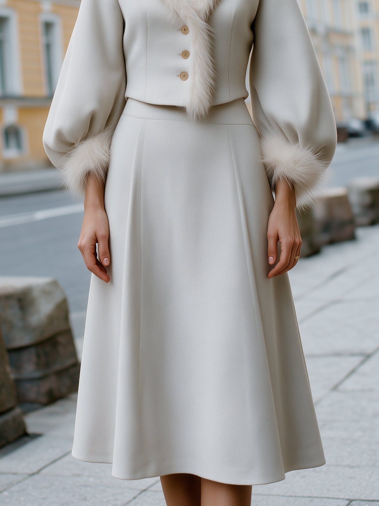 Faux-Fur Trim Wool-Texture Jacket And A-Line Skirt Set