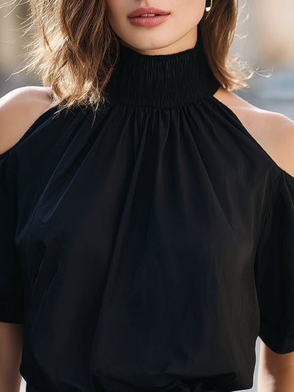 Cold-Shoulder Smocked Mock Neck Blouse