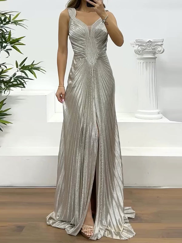 Silver Sleeveless Pleated Split-front Maxi Dresses Fairytale Dress