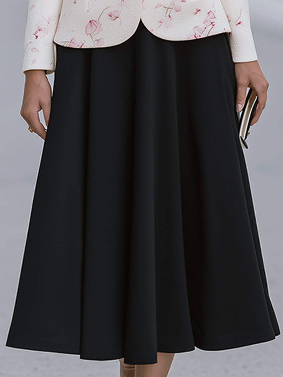 Floral Stand-Collar Jacket And A-Line Midi Skirt Set
