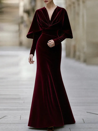 Elegant Velvet V-Neck Cape Sleeve Mermaid Evening Gown