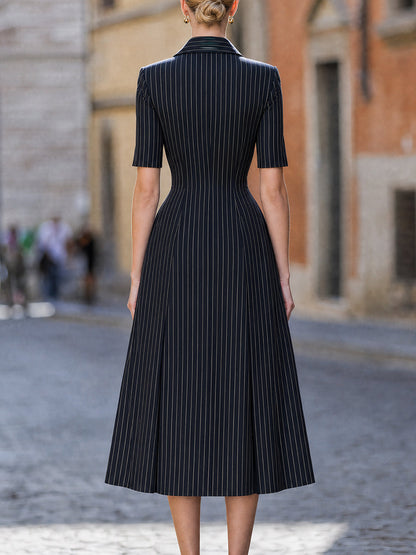 Pinstripe Lapel Button-Front Flare Midi Dress