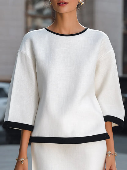 Elegant Contrast Trim Linen Two-Piece Set