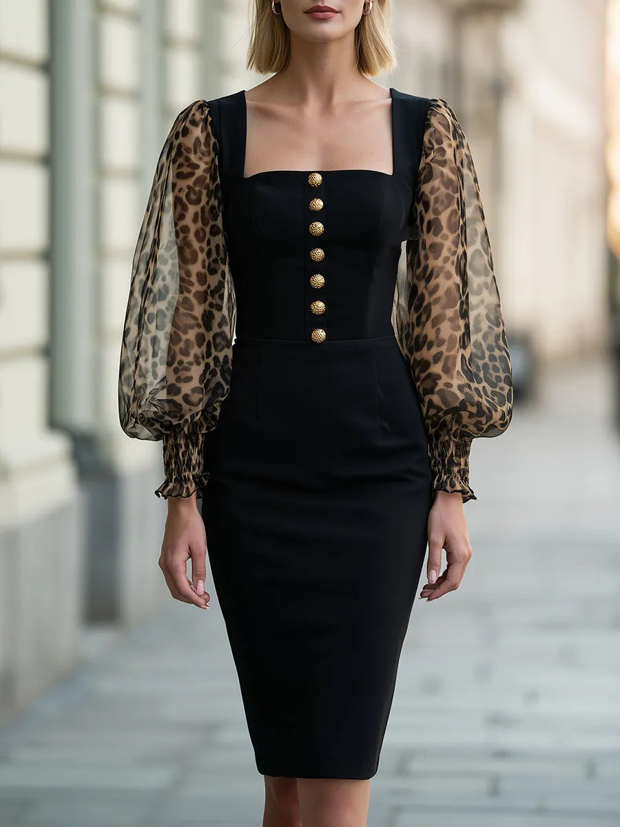 Leopard Sheer Puff Sleeve Square Neck Button-Front Sheath Dress