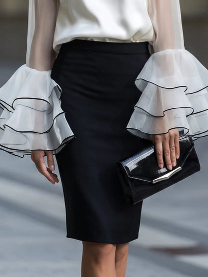 Sheer Ruffle Sleeve Satin Blouse & High-Waist Pencil Skirt Set
