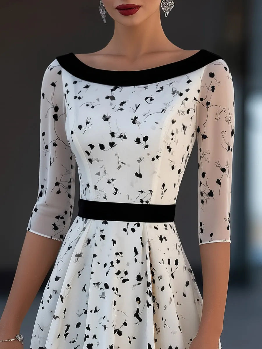 Contrast Waist Sheer Mesh Floral Print Midi Dress