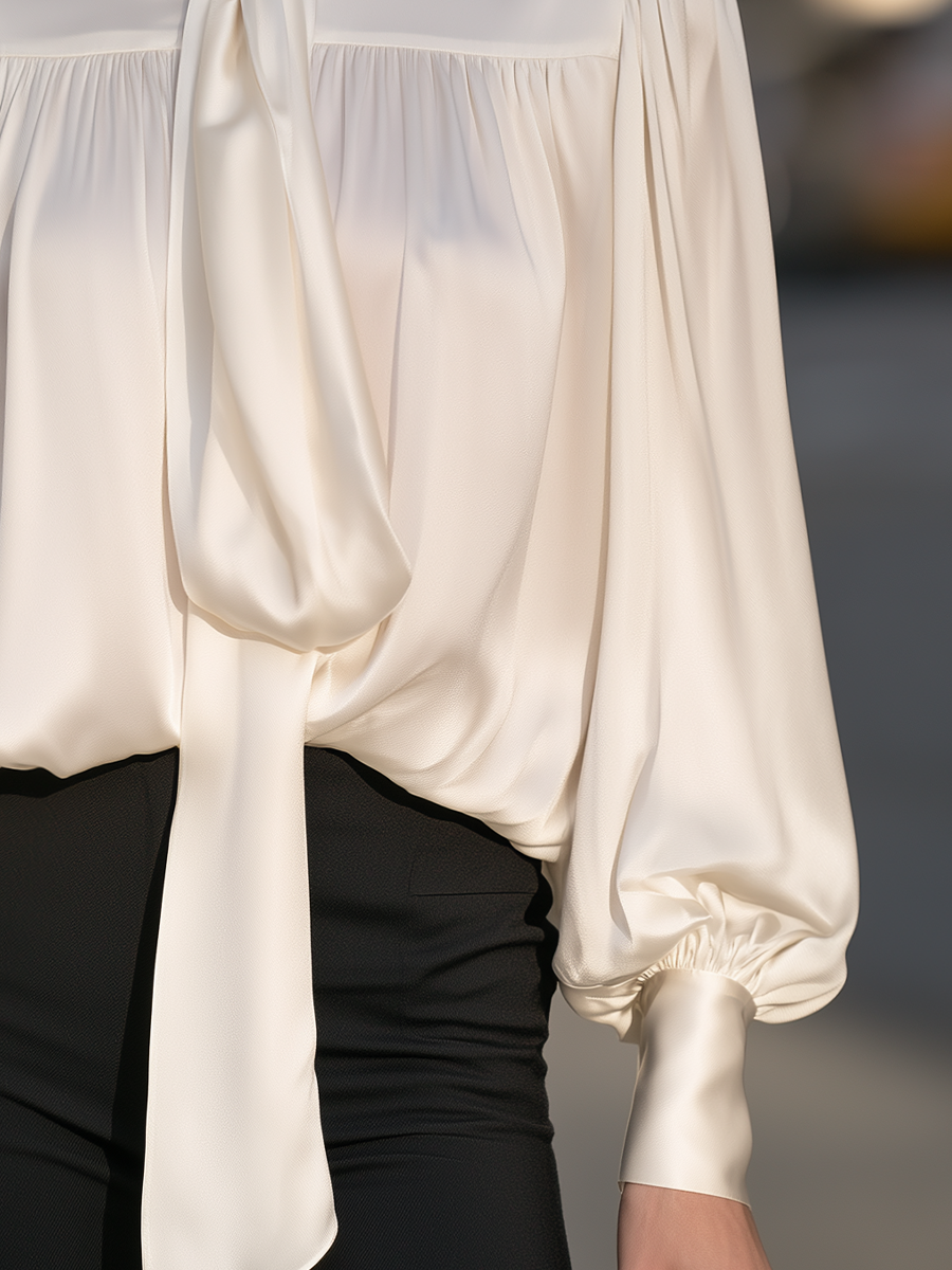 Tie-Neck Yoke-Gathered Balloon Sleeve Satin Blouse