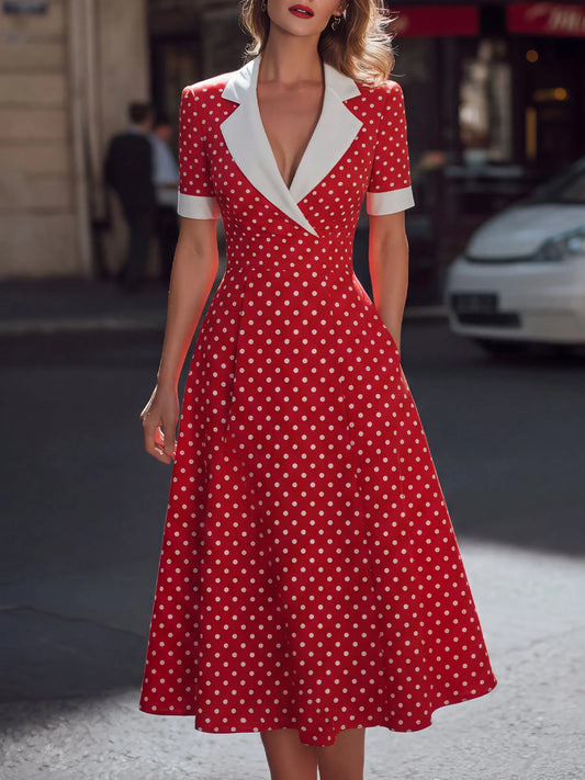 Vestido Midi de Poá com Gola Lapela Estilo Vintage