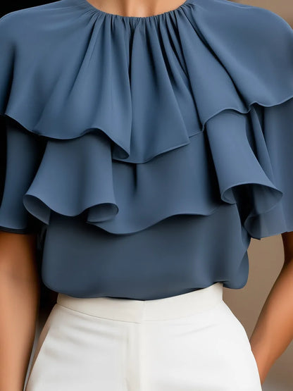Tiered Ruffle Cape Sleeve Chiffon Blouse