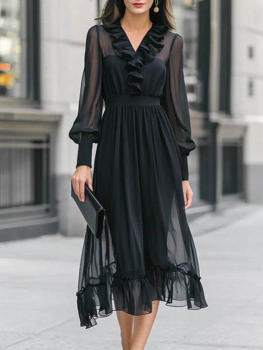 Vestido Midi de Chiffon com Manga Longa Transparente e Detalhe Franzido