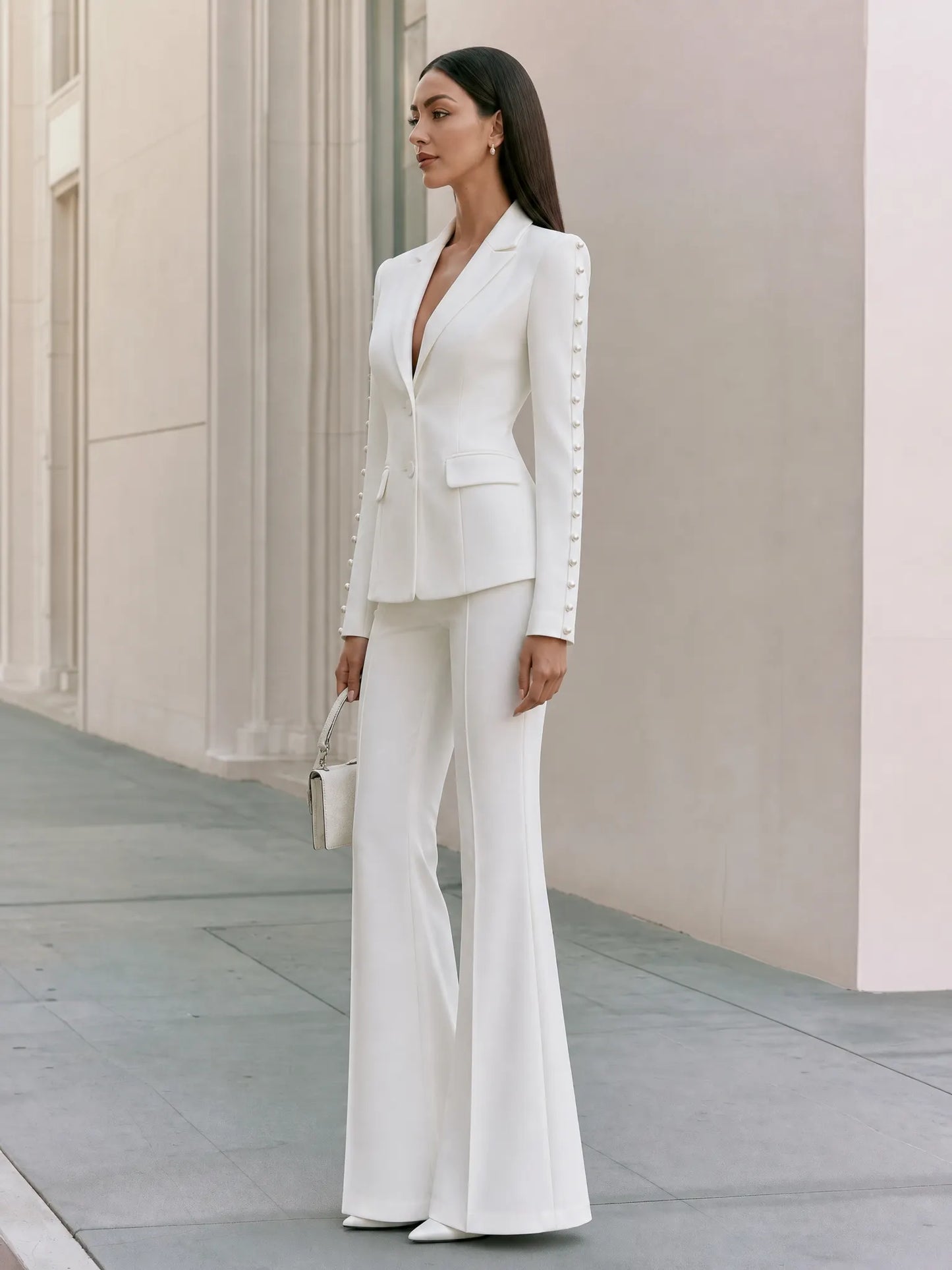 Women's Pearl Beaded Sleeve Blazer & Flare Pants Two-Piece Suit Set