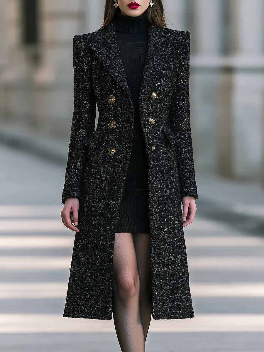 Metallic Tweed Long Coat And Sleeveless Knit Dress Set