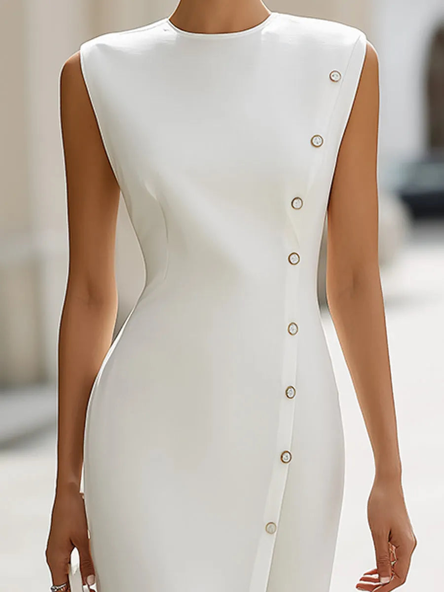 Asymmetric Button Detail Sleeveless Midi Dress