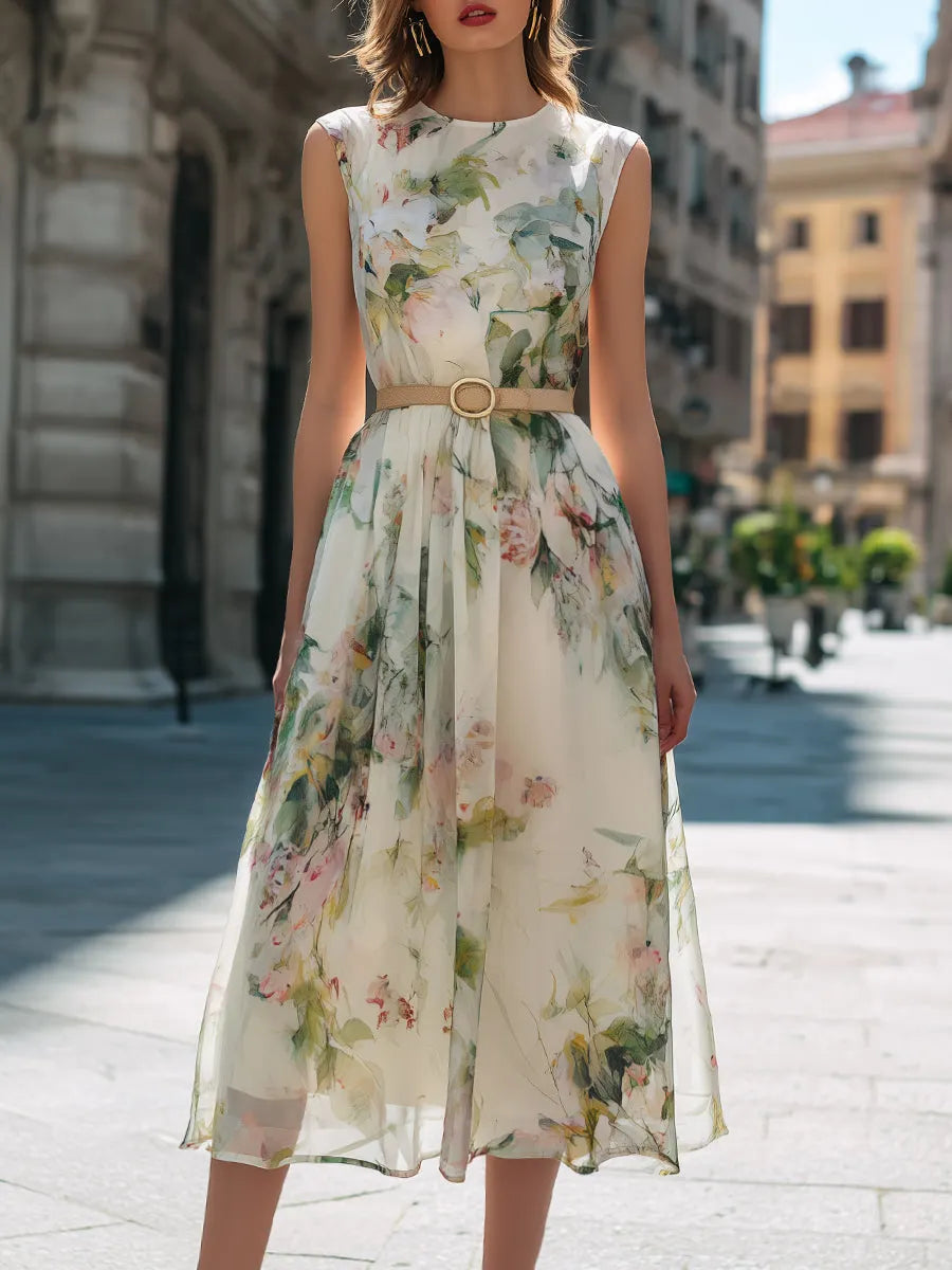 Watercolor Floral Sleeveless Belted Midi Dress