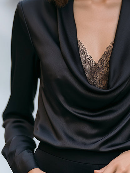 Satin Cowl Neck Lace Detail Blouse