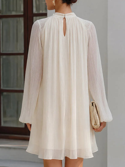 Pleated Chiffon High Neck Long Sleeve Mini Dress
