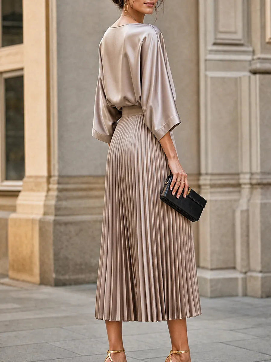 Women's Satin Pleated Midi Skirt with Batwing Sleeve Top Set