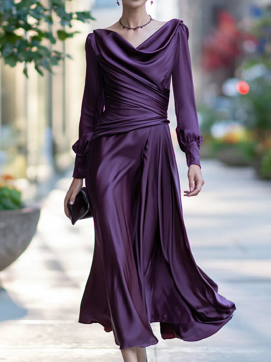 Vestido Longo de Cetim Drapeado
