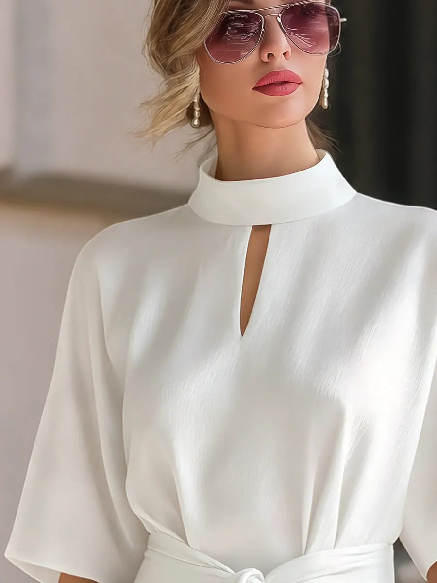 Elegant Mock Neck Front Keyhole Detail Waist-Tie Blouse