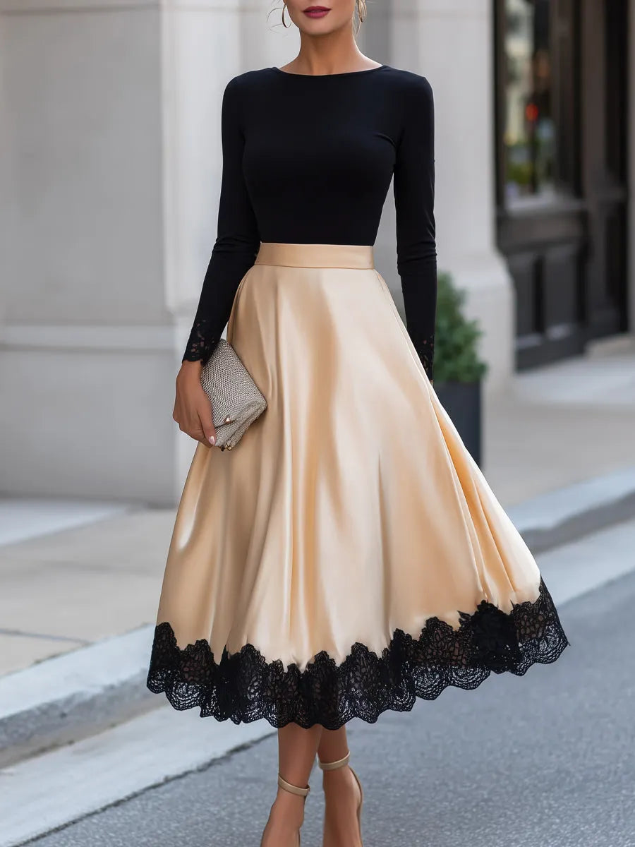 Lace Trim T-Shirt Satin A-Line Skirt Two-Piece Set