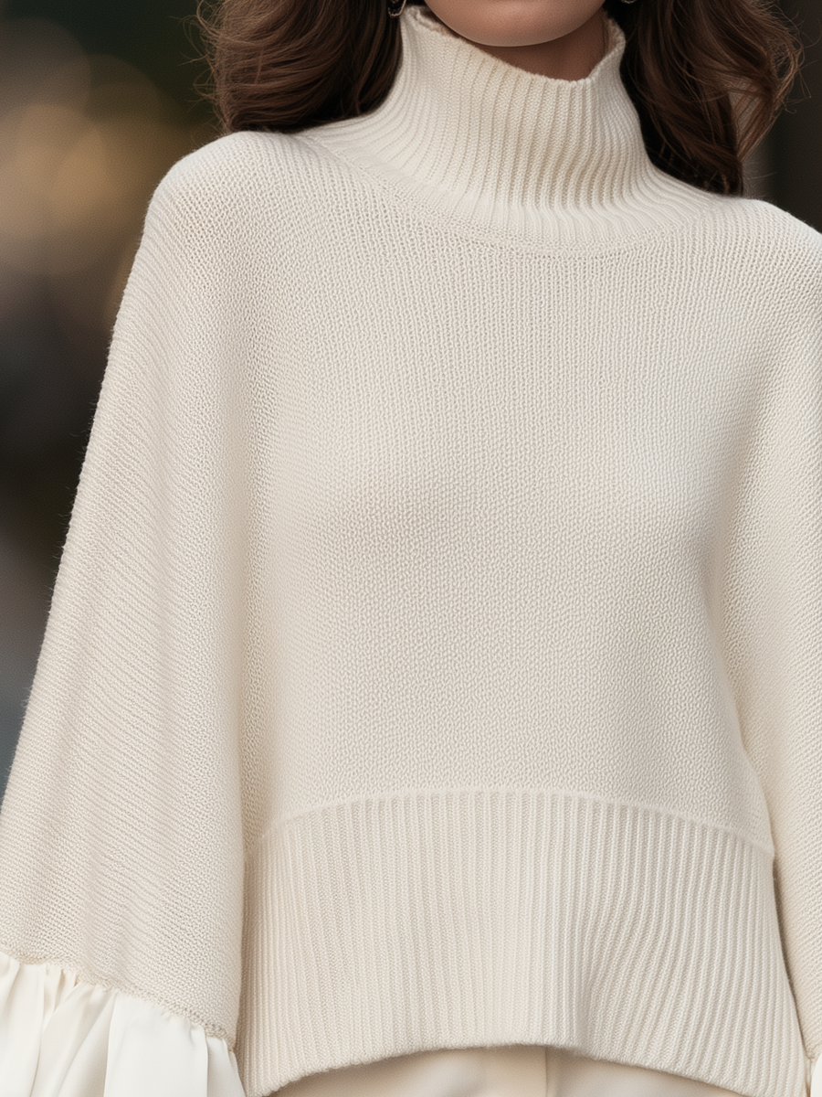 Turtleneck Satin Ruffle Cuff Oversized Cape Knit Sweater