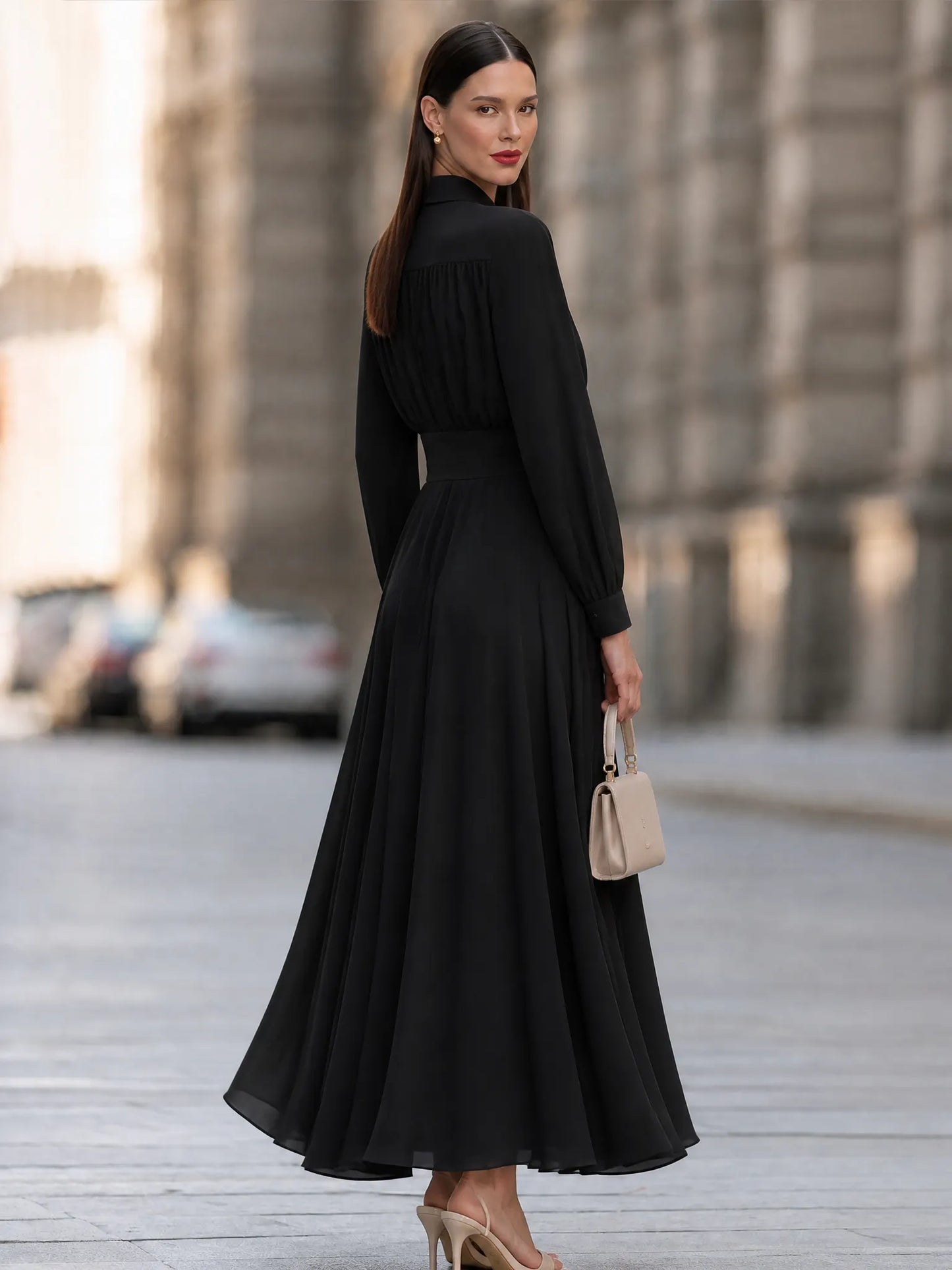 Women's Elegant Long Sleeve Shirt Collar Pleated A-Line Maxi Dress