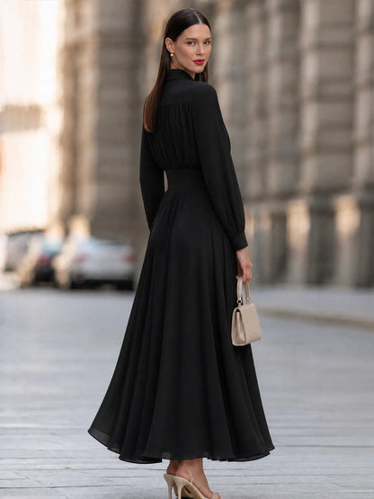 Women's Elegant Long Sleeve Shirt Collar Pleated A-Line Maxi Dress